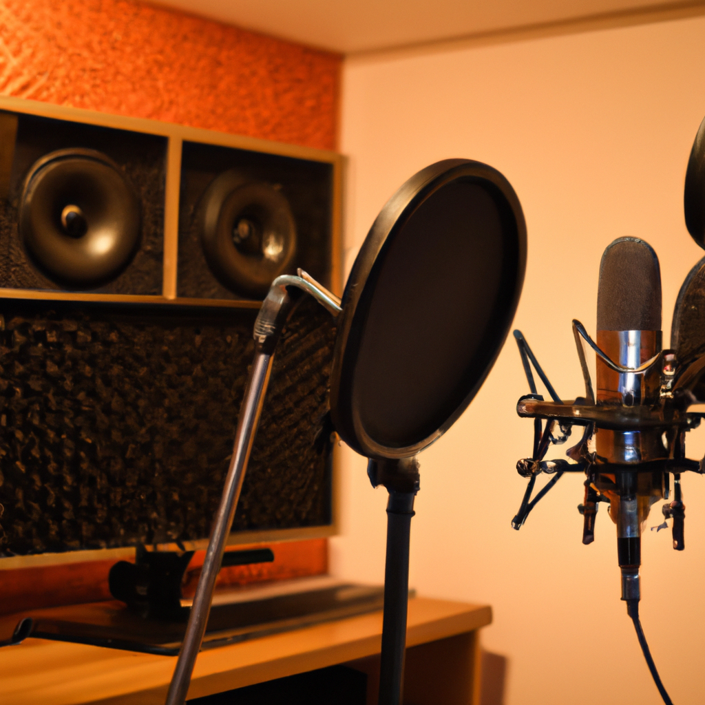 Modern voice-over studio with condenser microphone, pop filter, and acoustic panels at Quarento Voice Academy
